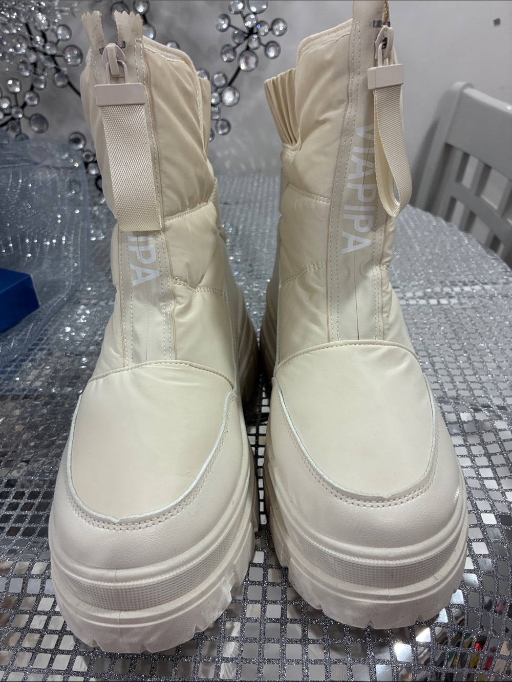 Cream Quilted Platform Ankle Boots with Pull-Tab